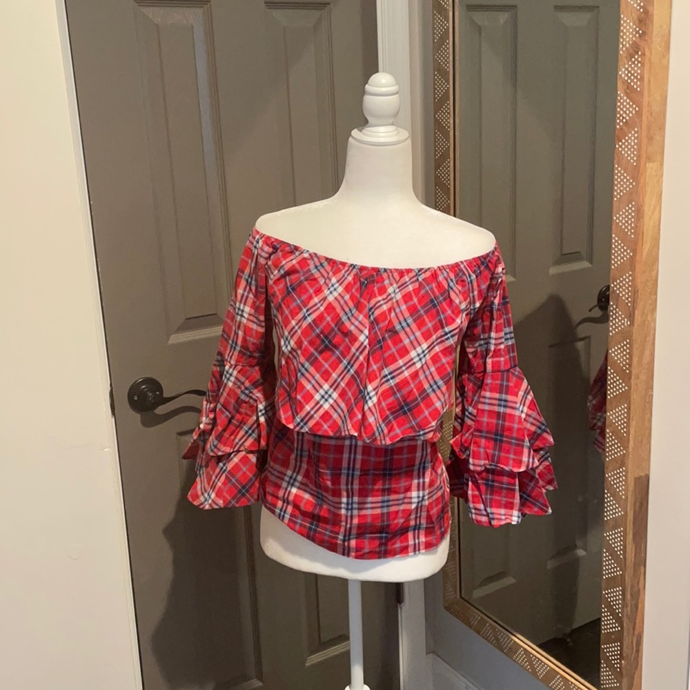 Maybe Wang off shoulder plaid top NWT